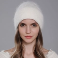 Women's white angora rabbit fur knit beanie with thick fold-over cuff for winter warmth - White