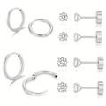 Minimalist silver stainless steel hoop earrings and round cubic zirconia stud set - Sweet Zirconia Stud Set / Silver