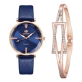 Fashionable quartz watch set for women with blue leather strap and geometric diamond bracelet - Blue + Bracelet