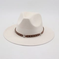 Detail of white fedora hat with star studded dark brown leather decorative band - One Size / White
