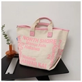 Schicker beiger Canvas-Shopper mit rosa Ledergriffen und Hawaii-Typografie-Drucken - Rosa