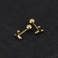 Macro shot of gold stainless steel barbell earrings featuring a polished trident leaf design - Y-Shape/Chevron / Gold