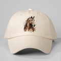 Detailed view of horse print on beige cotton baseball cap with reinforced stitching - One Size / Beige
