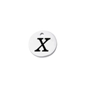 Detail of mirror polished silver metal disc charm featuring a black engraved letter X - Letter X