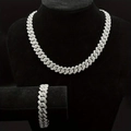 Macro shot of silver Cuban link chain necklace and bracelet set with full rhinestone inlay - 55CM Silver Necklace