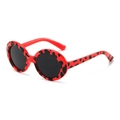 Detail of red leopard print heart frames and dark round lenses for pet sunglasses - Red Leopard Pattern Black Lens