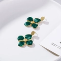 Green enamel leaf drop earrings with gold plating on a minimalist white ceramic tray - Dark Green Floral Style (EH003)