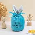 Blue velvet Easter bunny drawstring gift bag with cute ears and ribbon bow - Large / Smile Tiffany Blue