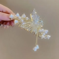 Pinza per capelli a farfalla dorata con fiori di mughetto bianchi e strass lucidi - G37 Doppia Farfalla Fiore