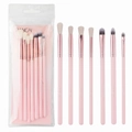 14-piece makeup brush set with pink handles and rose gold ferrules in clear PVC packaging - PVC Card Packaging / Pink Gold