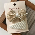 French lace style beige bow hair clip and triangle snap clip set for children - Beaded Bow and Triangle Clip Set (Style 6) / 2PCS