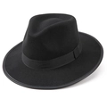Detail of classic black wool felt fedora featuring matching ribbon band on white background - M (56-58cm) / Black