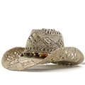 Natural straw cowboy hat with wide brim and beaded ethnic band for sun protection - M(56-58cm) / Khaki Amber Beaded Decor Style (02)