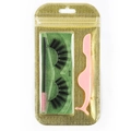 Detailed set featuring thick black false eyelashes with pink tweezers and brush in gold bag - Gold Bag #106