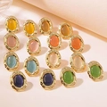 Vintage oval stainless steel stud earrings with colorful tiger eye stones in gold frames - Light Orange Yellow
