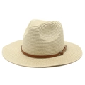 Classic straw Panama hat with flat brim and brown leather band, shown at a 45-degree angle - M (56-58cm) / Beige