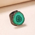 Adjustable green agate crystal sun flower ring with vintage bronze wide band for women - Adjustable Open / Green