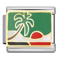 Italian modular charm in silver steel featuring a sunset palm tree enamel design - ICJ677-1/Green Palm Tree