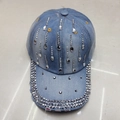 Light blue denim baseball cap for women with glittering rhinestones and heart design - Adult, Adjustable / Denim Blue Heavy Rhinestone Raindrops
