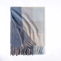 Plaid cashmere feel scarf in blue, grey, and cream check pattern with tassel trim - Navy Blue