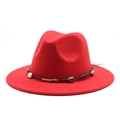 Detail view of red wool fedora hat featuring ethnic style beaded woven decorative band - M (56-58cm) / Red