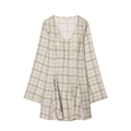 Modisches kurzes Karo-Kleid mit V-Ausschnitt und Glockenärmeln in Grau-Beige-Muster - XS / Kariert