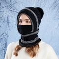 Winter knitted balaclava for women with grey stripes, faux fur trim and a top pompom - Black