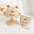 Detail of straw hat and bag set for kids with cute teddy bear ears and woven pattern - 48-52cm / Straw Hat And Bag Set / Beige