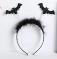 Detail of Halloween headband featuring black glittery bats, spring coils, and feather trim - Black Feather Bat
