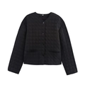 Chaqueta acolchada negra para mujer con cuello redondo y diseño de cuadros cosidos - S / Negro