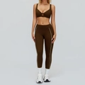 Ensemble de yoga marron foncé avec brassière et legging taille haute à rayures blanches - S / Soutien-gorge de sport + Leggings / Brun Chocolat