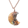 Close-up of handmade wire-wrapped tree of life on natural moon stone pendant necklace - Antique Copper + Crazy Agate (Small)