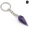 Deep purple hexagonal crystal pendant keychain with polished silver metal ring - Amethyst