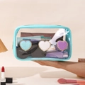 Clear PVC makeup bag with mint green trim and colorful plush heart embroidery - Blue Heart