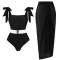 Detail of black one-piece swimsuit with shoulder bows and matching sheer beach sarong - XS / Swimsuit & Wrap Skirt Set