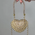 Golden heart-shaped evening clutch bag encrusted with sparkling crystals and metal chain - Gold Heart Bag with Large Crystals