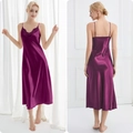 Elegant deep purple satin long nightgown with V-neck lace trim and thin straps - Deep purple