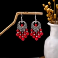 Bohemian style tiered red tassel earrings with vintage silver hollow metal details - E5878 Red Trapezoid Tassel