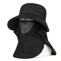Outdoor sun protection hat in deep black with wide brim, face mask and neck flap - Black
