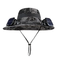 Black camouflage sun hat with solar powered cooling fans and adjustable chin strap - 12cm Wide Brim Dual Fan Style / Ink Gray