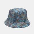Blue tropical palm leaf print bucket hat in linen texture with wide brim for sun protection - M (56-58cm) / Hemp Brown Tropical Leaves