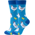 Detail of blue crew socks featuring cute white hen and yellow chick knitted patterns - Blue Chick