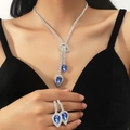 Elegant silver bridal jewelry set with blue teardrop pendants and crystal necklace - Blue Waterdrop Silver Set(DTN14027014BU)