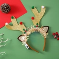 Luminous gold glitter reindeer antler headband with LED lights and holiday pom-poms - Large Gold Reindeer Antlers With Pompons LED Headband