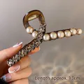 Amber shark hair clip with white pearls and champagne rhinestones, 13cm large size - Champagne Rhinestone Pearl