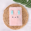 Pink coral fleece hair towel wrap with green rabbit ears on a woven mat base - Pink Rabbit Towel / 30*80cm
