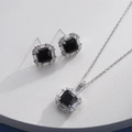 Macro detail of silver necklace and earrings set with black square zircon stones - Silver Square Black (HQ0001(23))