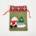 Green burlap Christmas drawstring gift bag featuring a 3D snowman and sequined tree design - Snowman / Green