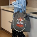 Grey nylon tote bag with colorful carousel embroidery and tricolor braided strap - Dark Grey Carousel Park