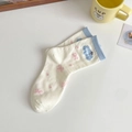 Chaussettes mi-mollet en coton crème avec nœuds roses et broderie nuage bleu - Nœud
